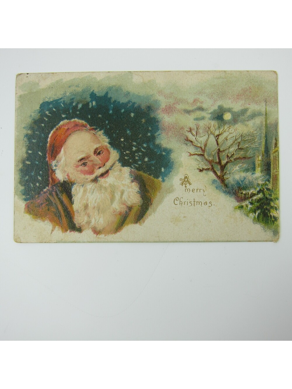 Vintage Christmas Postcard Old World Santa Brown Suit Night Embossed Antique